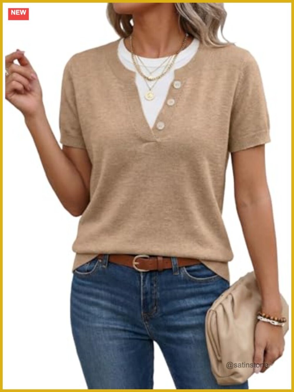Women's Lightweight Short Sleeve Sweater Pullover Color Block Crewneck Knit Top
